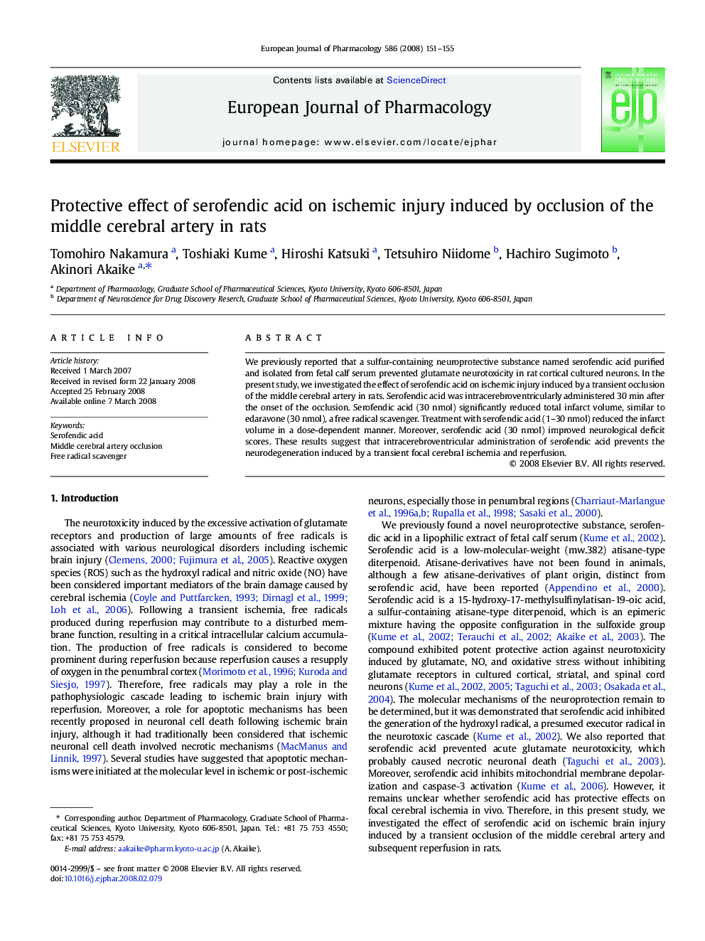 Protective effect of serofendic acid on ischemic injury induced by occlusion of the middle cerebral artery in rats