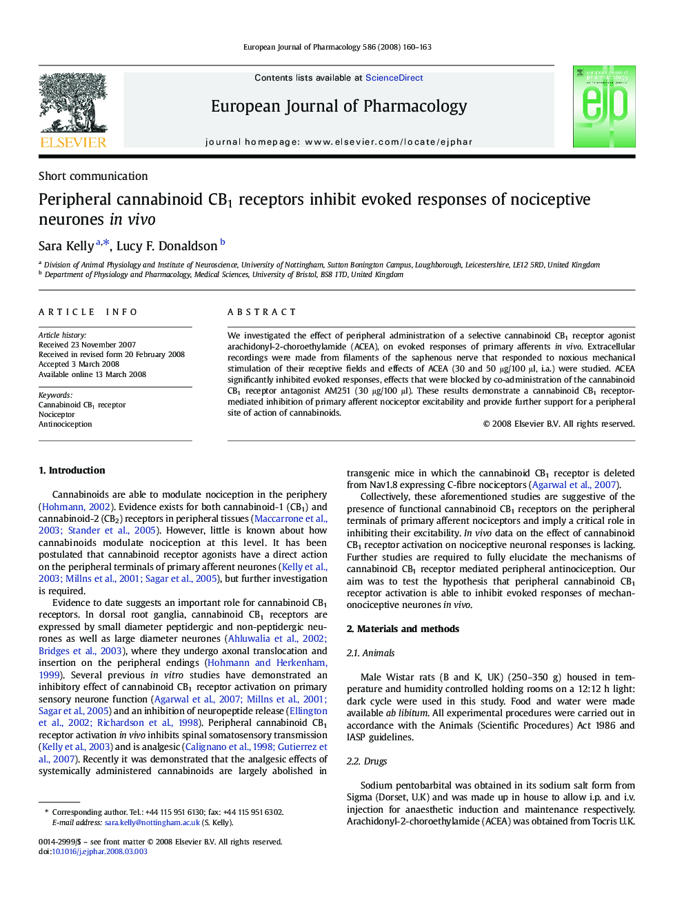 Peripheral cannabinoid CB1 receptors inhibit evoked responses of nociceptive neurones in vivo