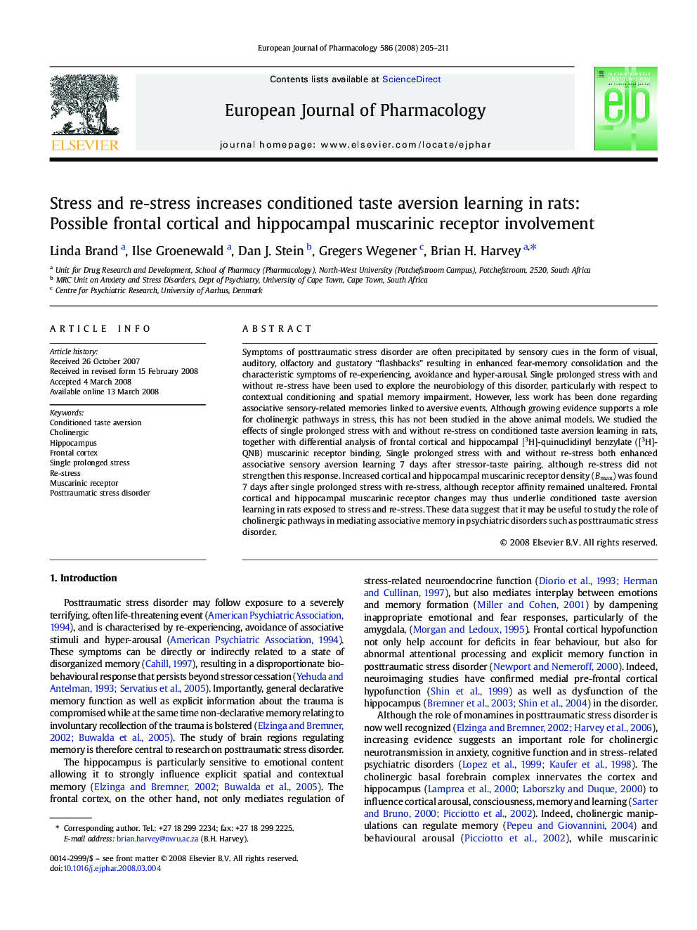 عکس صفحه اول مقاله: Stress and re-stress increases conditioned taste aversion learning in rats: Possible frontal cortical and hippocampal muscarinic receptor involvement Stress and re-stress increases conditioned taste aversion learning in rats: Possible frontal cortical and hippocampal muscarinic receptor involvement