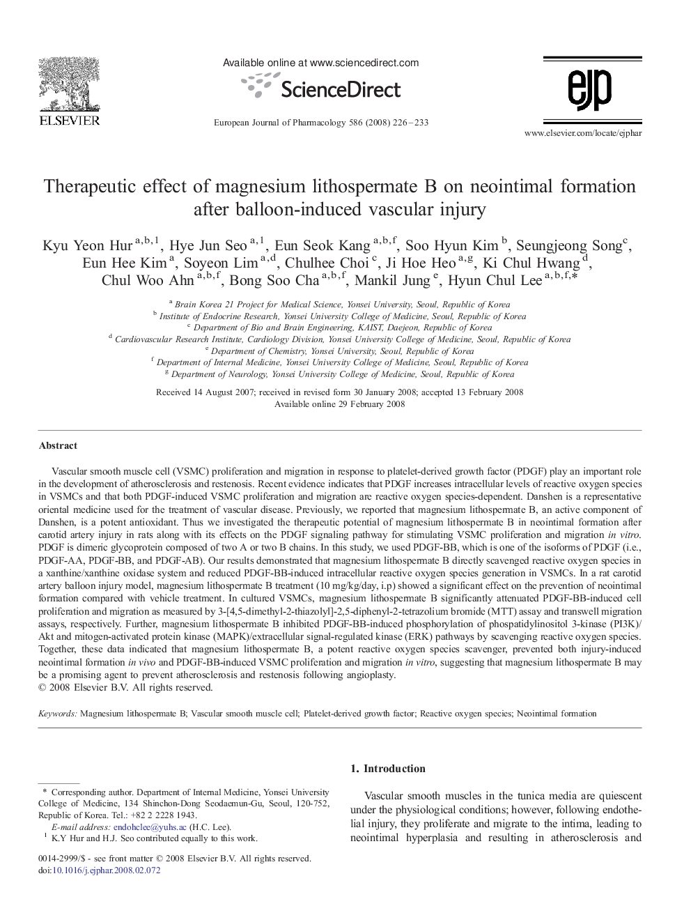 Therapeutic effect of magnesium lithospermate B on neointimal formation after balloon-induced vascular injury