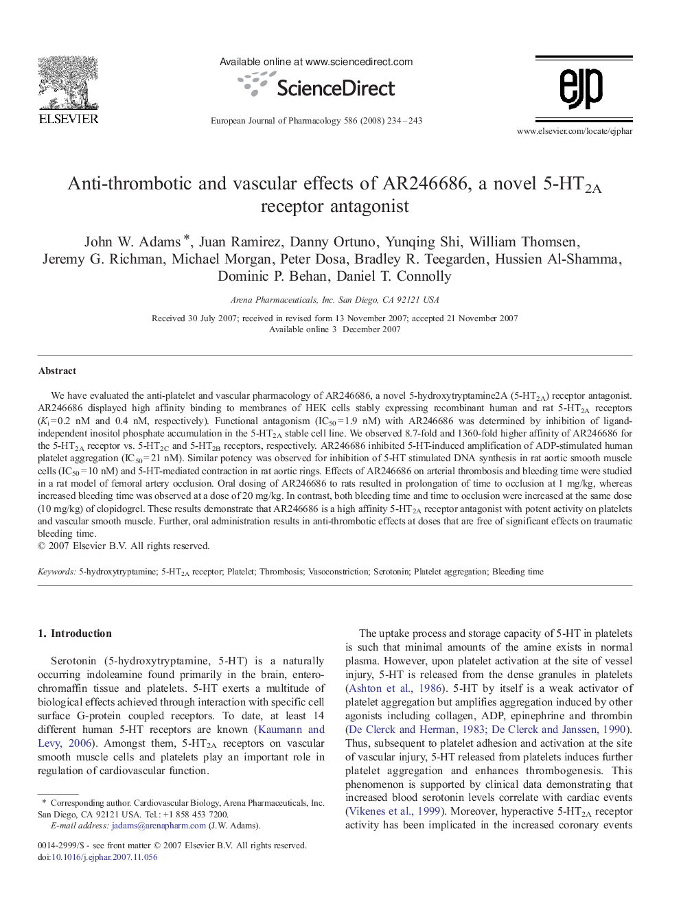 Anti-thrombotic and vascular effects of AR246686, a novel 5-HT2A receptor antagonist