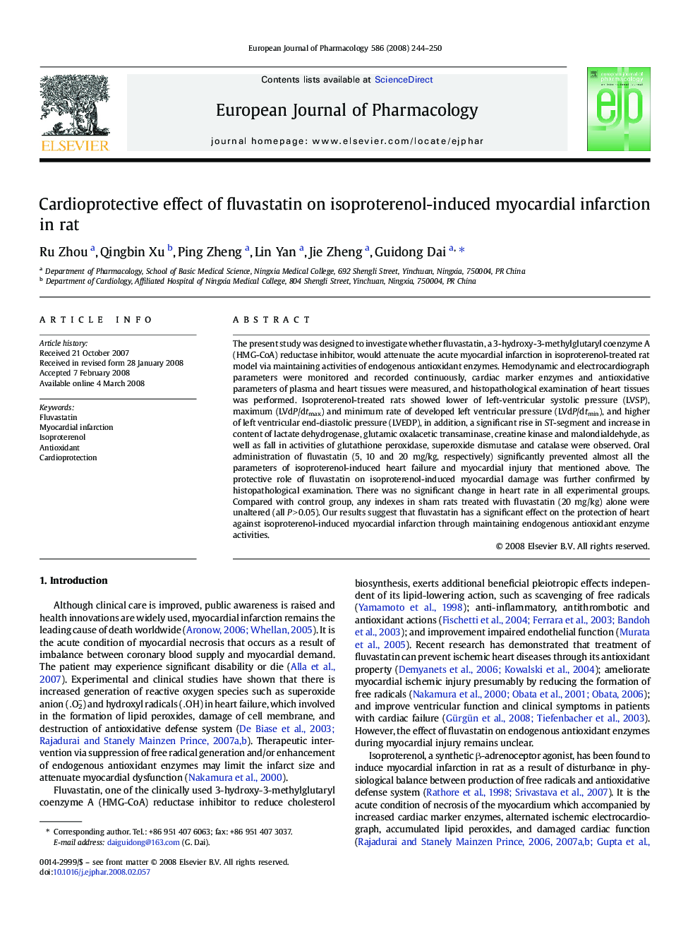 Cardioprotective effect of fluvastatin on isoproterenol-induced myocardial infarction in rat