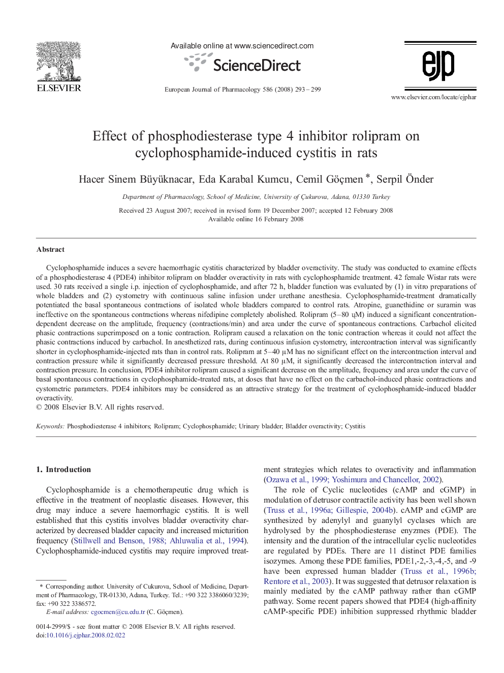 Effect of phosphodiesterase type 4 inhibitor rolipram on cyclophosphamide-induced cystitis in rats