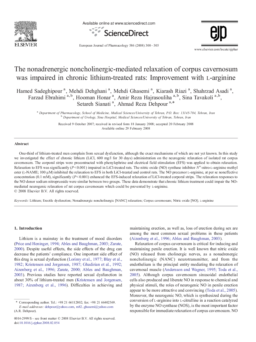 The nonadrenergic noncholinergic-mediated relaxation of corpus cavernosum was impaired in chronic lithium-treated rats: Improvement with l-arginine