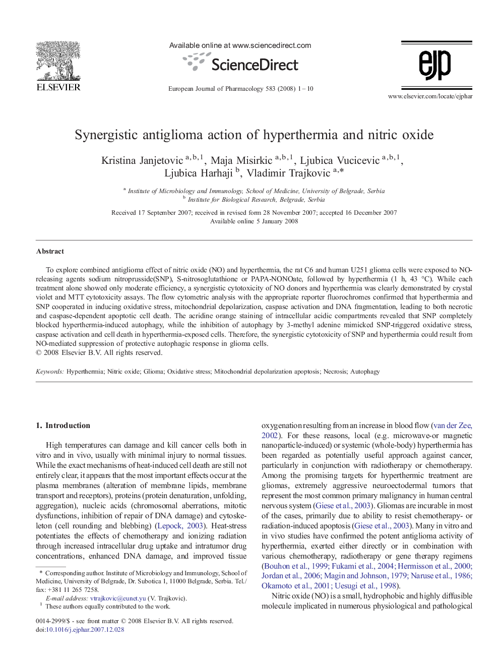 Synergistic antiglioma action of hyperthermia and nitric oxide