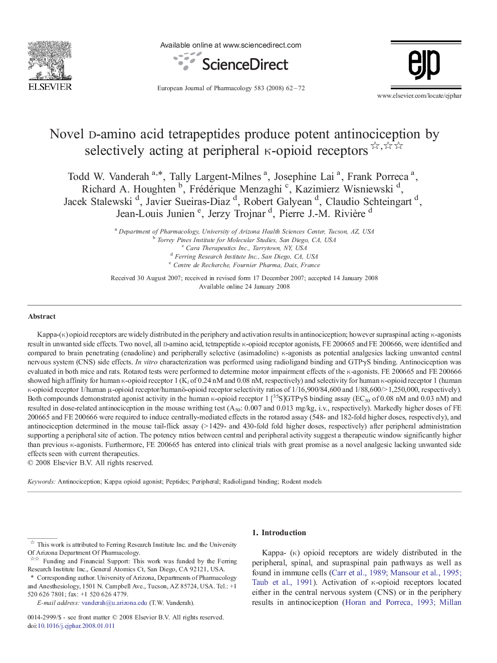 Novel d-amino acid tetrapeptides produce potent antinociception by selectively acting at peripheral κ-opioid receptors,