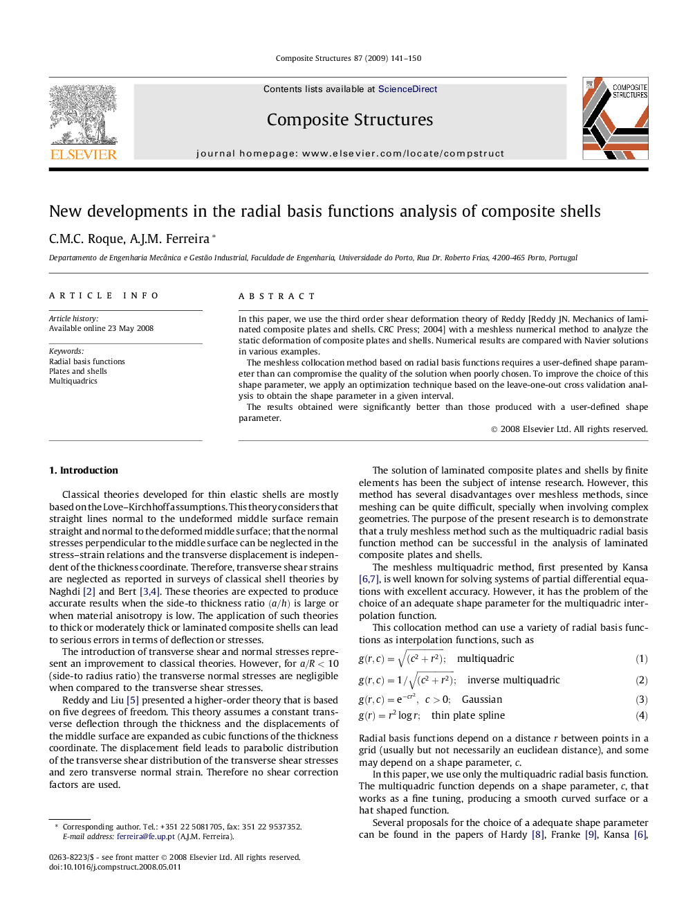 New developments in the radial basis functions analysis of composite shells