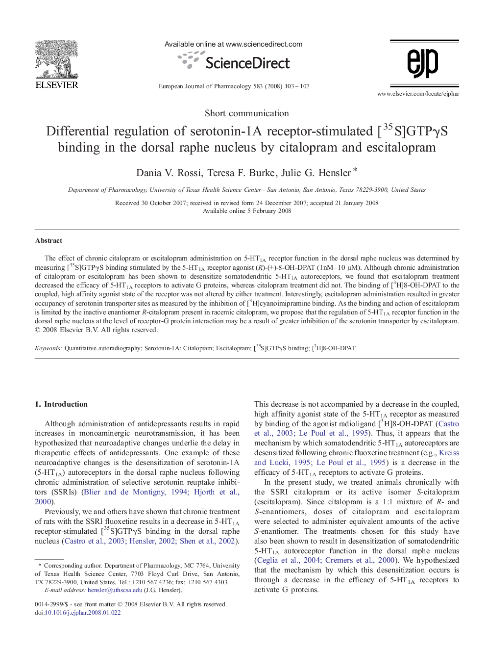 Differential regulation of serotonin-1A receptor-stimulated [35S]GTPγS binding in the dorsal raphe nucleus by citalopram and escitalopram