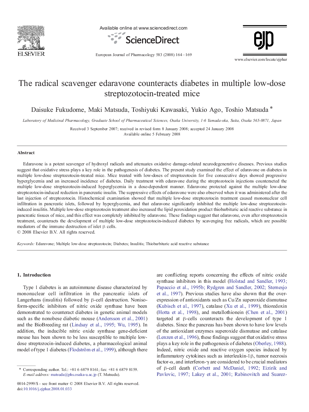 The radical scavenger edaravone counteracts diabetes in multiple low-dose streptozotocin-treated mice