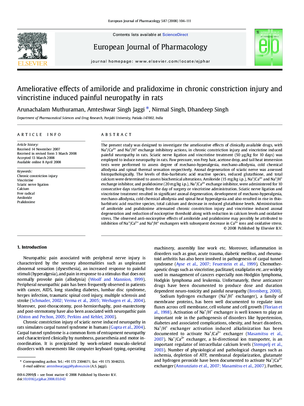 Ameliorative effects of amiloride and pralidoxime in chronic constriction injury and vincristine induced painful neuropathy in rats