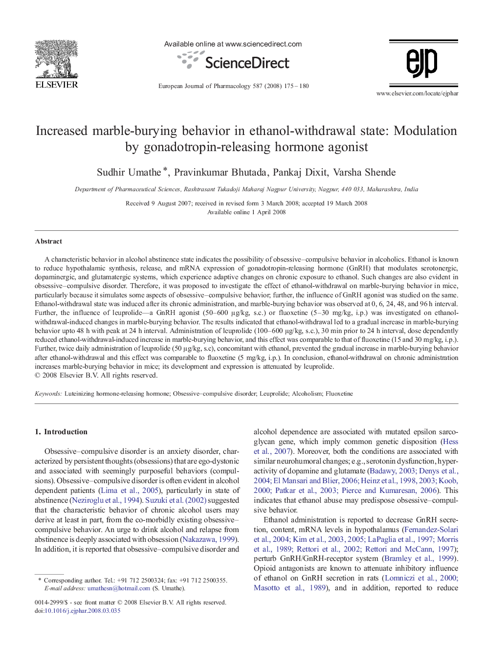 Increased marble-burying behavior in ethanol-withdrawal state: Modulation by gonadotropin-releasing hormone agonist