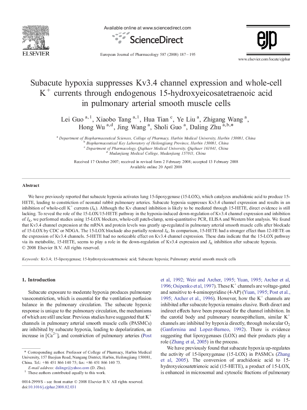 Subacute hypoxia suppresses Kv3.4 channel expression and whole-cell K+ currents through endogenous 15-hydroxyeicosatetraenoic acid in pulmonary arterial smooth muscle cells