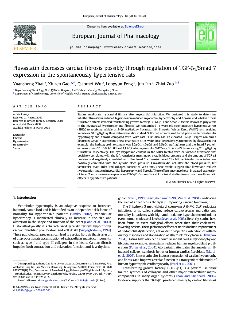 Fluvastatin decreases cardiac fibrosis possibly through regulation of TGF-β1/Smad 7 expression in the spontaneously hypertensive rats