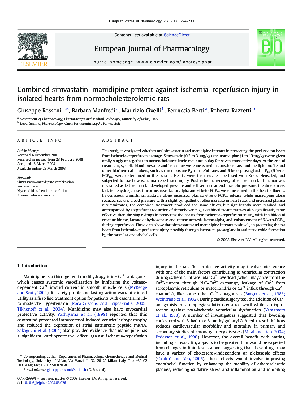 Combined simvastatin–manidipine protect against ischemia–reperfusion injury in isolated hearts from normocholesterolemic rats