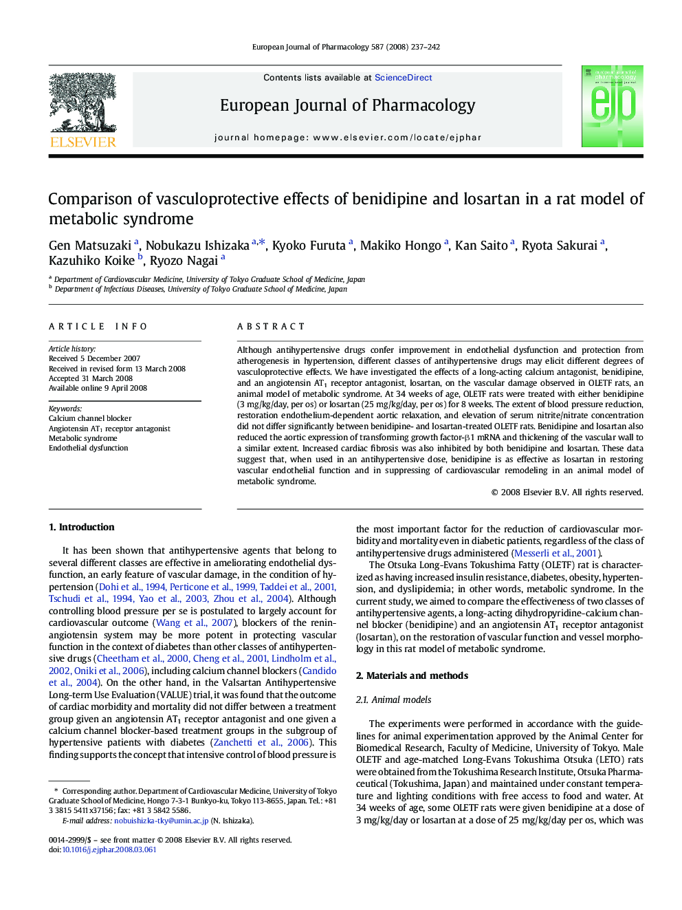 Comparison of vasculoprotective effects of benidipine and losartan in a rat model of metabolic syndrome