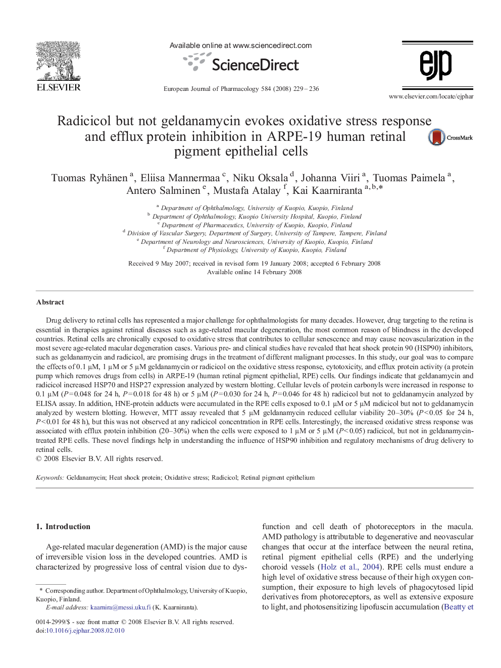 Radicicol but not geldanamycin evokes oxidative stress response and efflux protein inhibition in ARPE-19 human retinal pigment epithelial cells