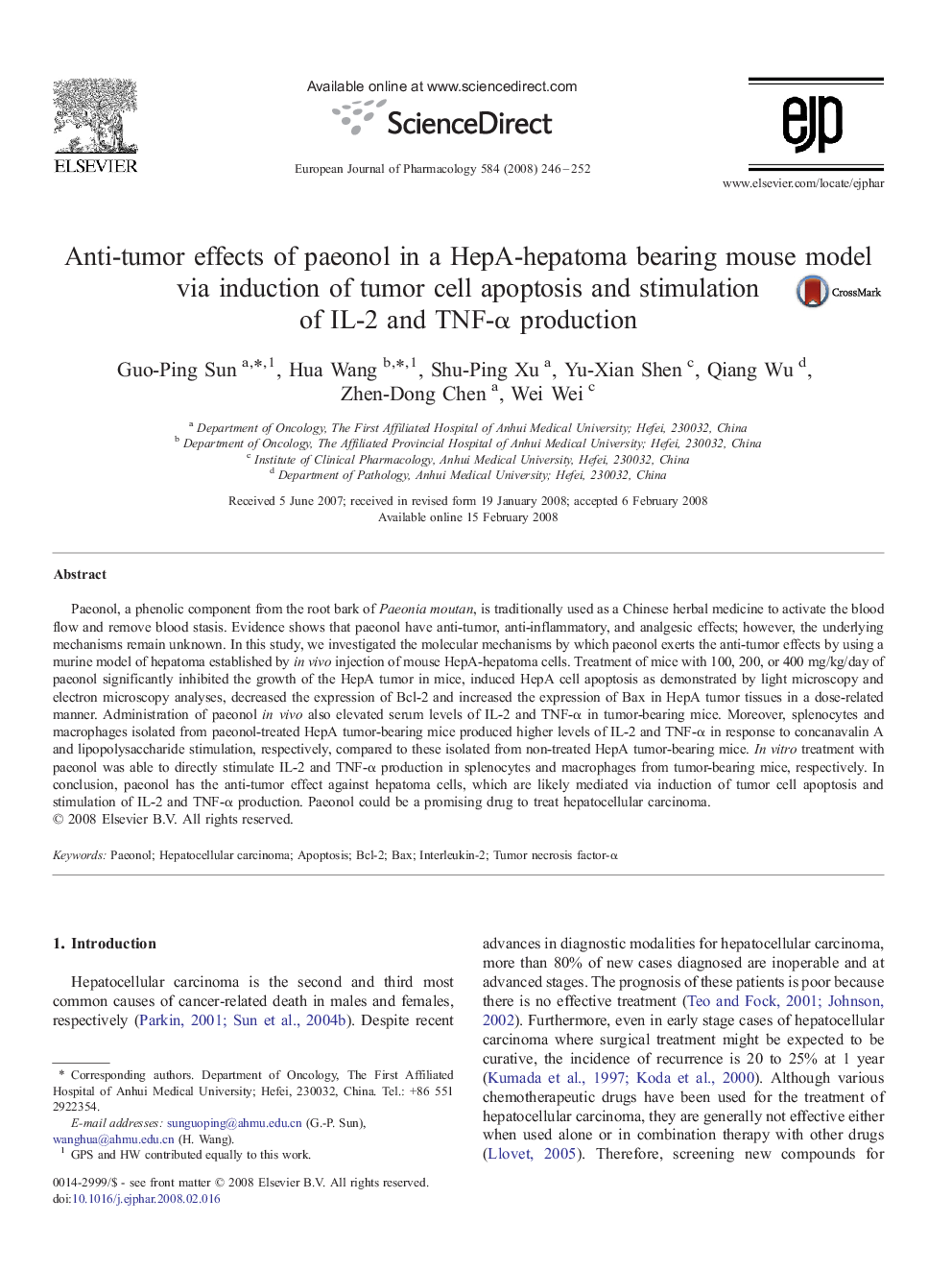 Anti-tumor effects of paeonol in a HepA-hepatoma bearing mouse model via induction of tumor cell apoptosis and stimulation of IL-2 and TNF-α production