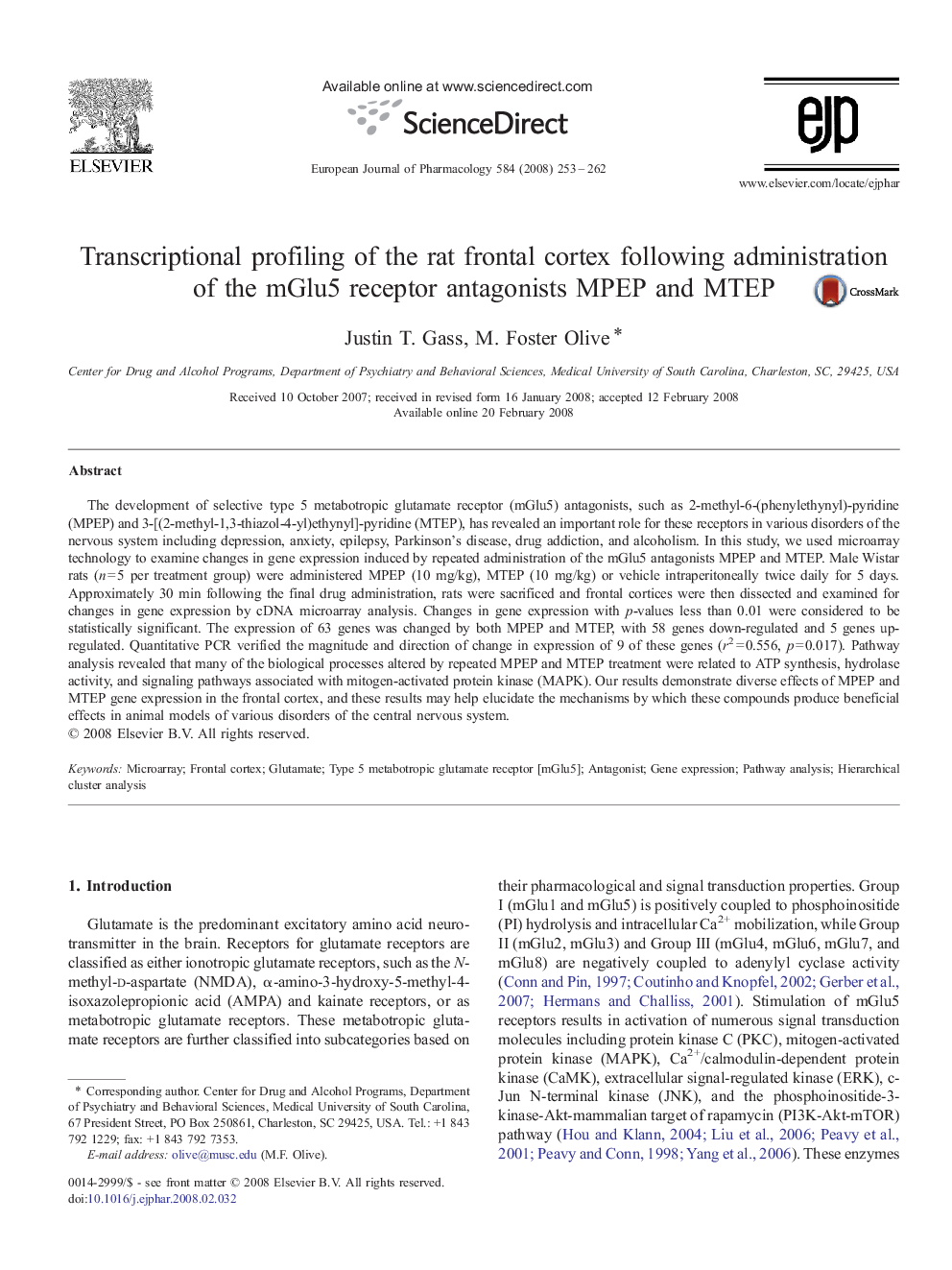 Transcriptional profiling of the rat frontal cortex following administration of the mGlu5 receptor antagonists MPEP and MTEP