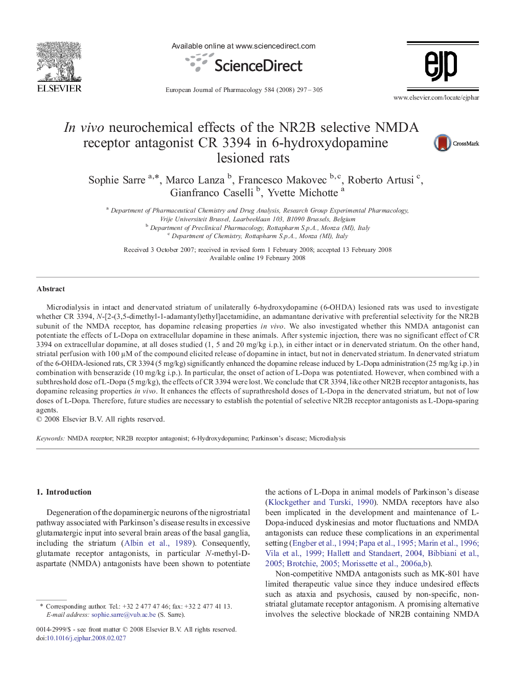 In vivo neurochemical effects of the NR2B selective NMDA receptor antagonist CR 3394 in 6-hydroxydopamine lesioned rats