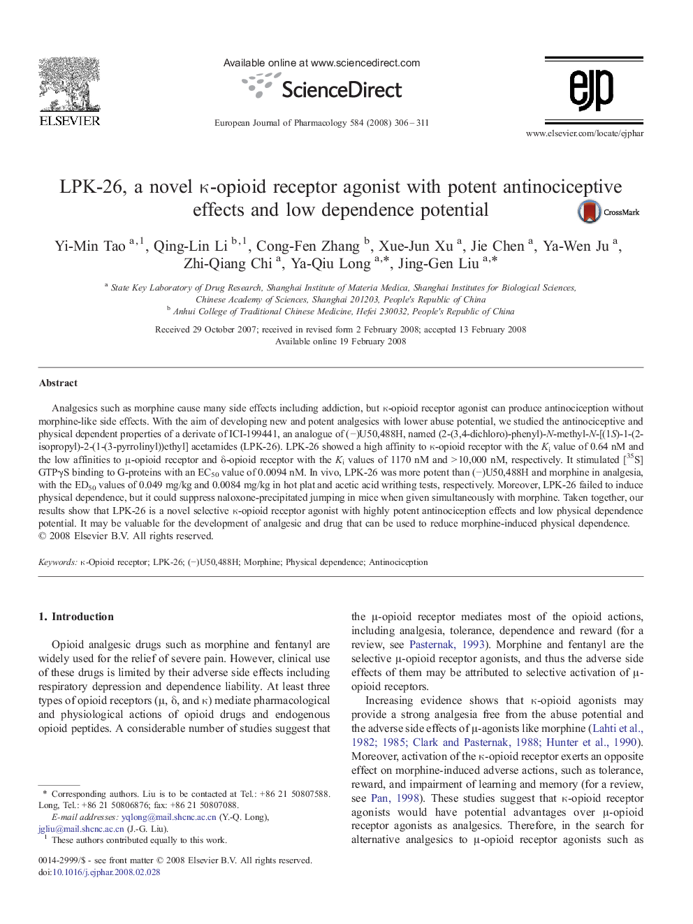 LPK-26, a novel κ-opioid receptor agonist with potent antinociceptive effects and low dependence potential