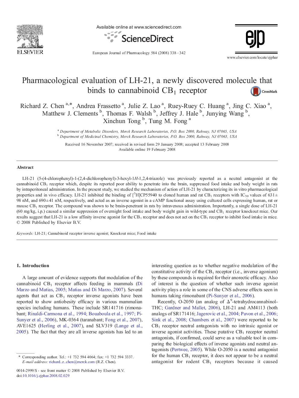 Pharmacological evaluation of LH-21, a newly discovered molecule that binds to cannabinoid CB1 receptor