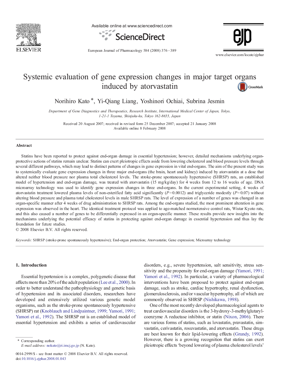 Systemic evaluation of gene expression changes in major target organs induced by atorvastatin