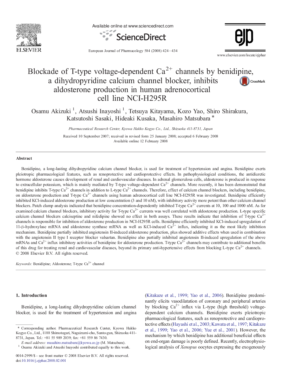 Blockade of T-type voltage-dependent Ca2+ channels by benidipine, a dihydropyridine calcium channel blocker, inhibits aldosterone production in human adrenocortical cell line NCI-H295R