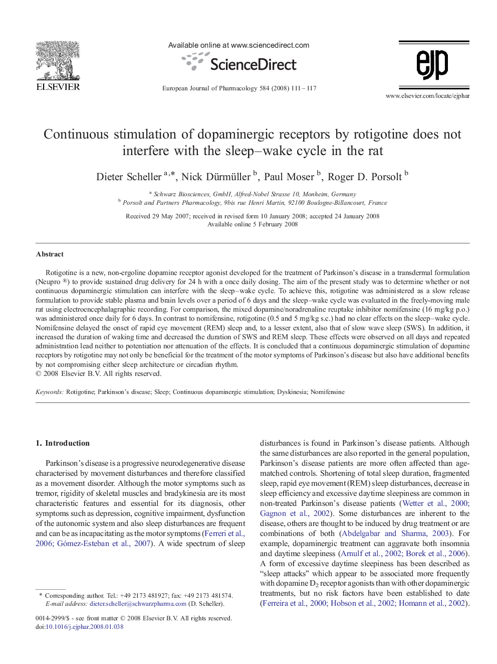 Continuous stimulation of dopaminergic receptors by rotigotine does not interfere with the sleep–wake cycle in the rat