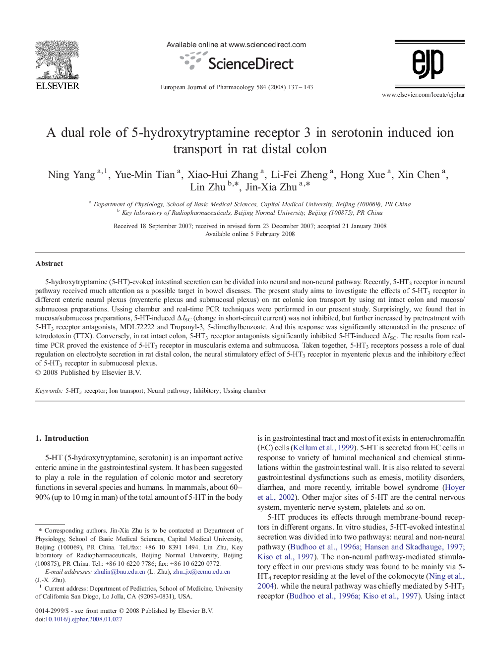 A dual role of 5-hydroxytryptamine receptor 3 in serotonin induced ion transport in rat distal colon