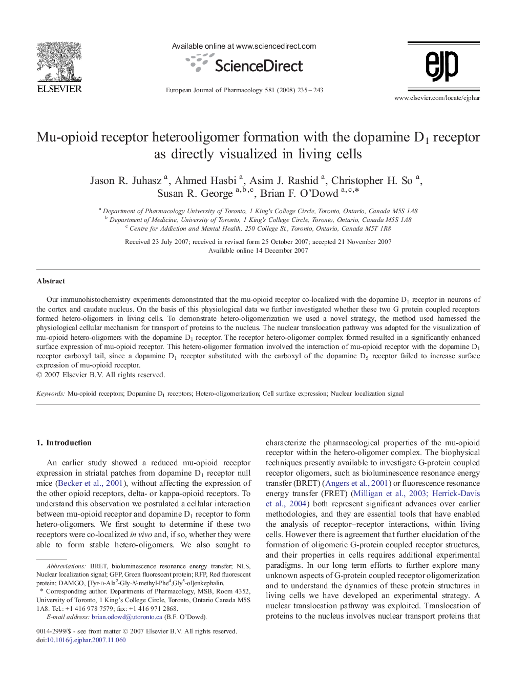 Mu-opioid receptor heterooligomer formation with the dopamine D1 receptor as directly visualized in living cells