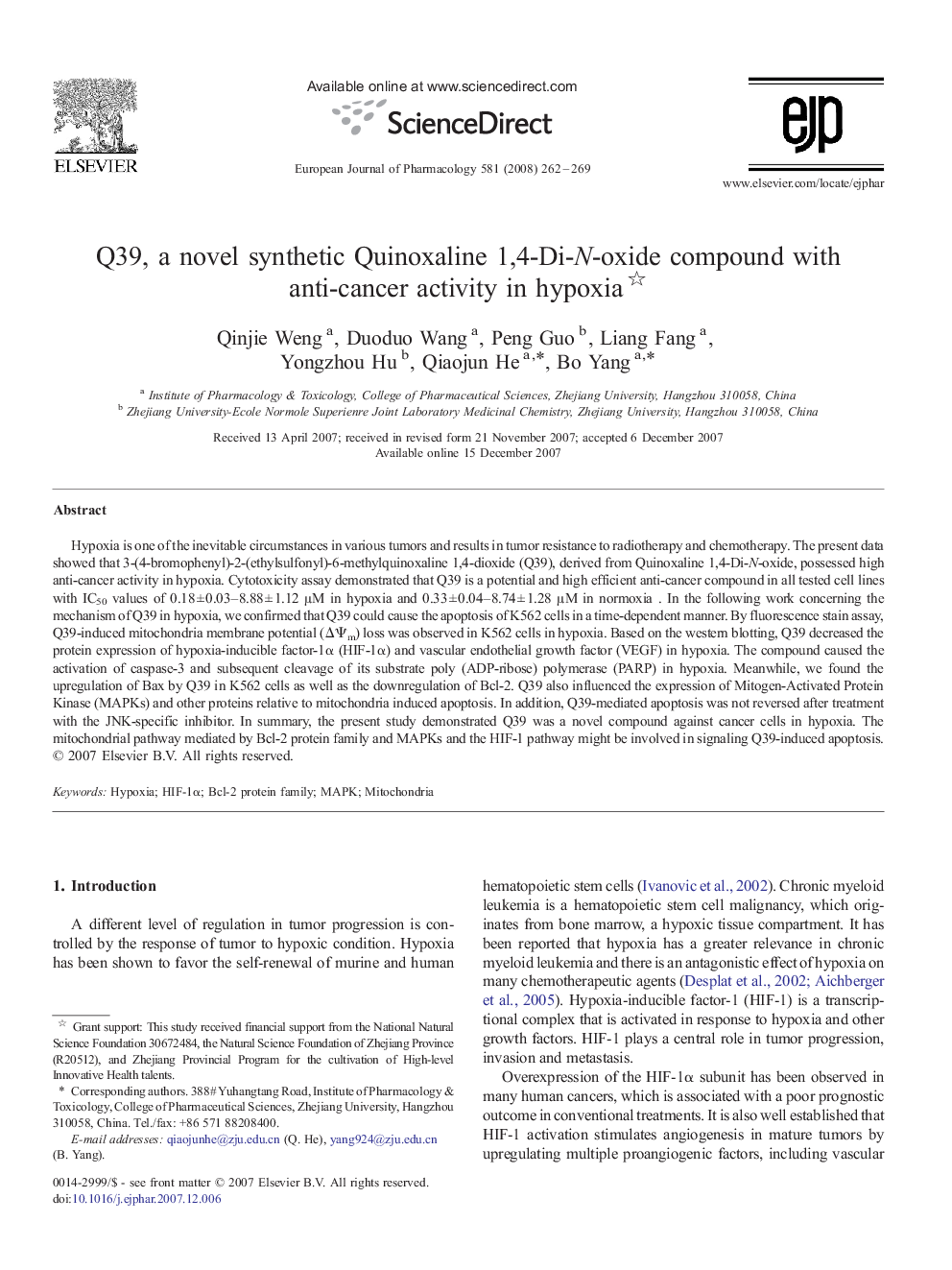 Q39, a novel synthetic Quinoxaline 1,4-Di-N-oxide compound with anti-cancer activity in hypoxia 