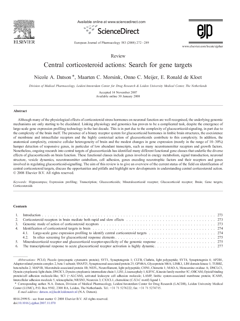 Central corticosteroid actions: Search for gene targets