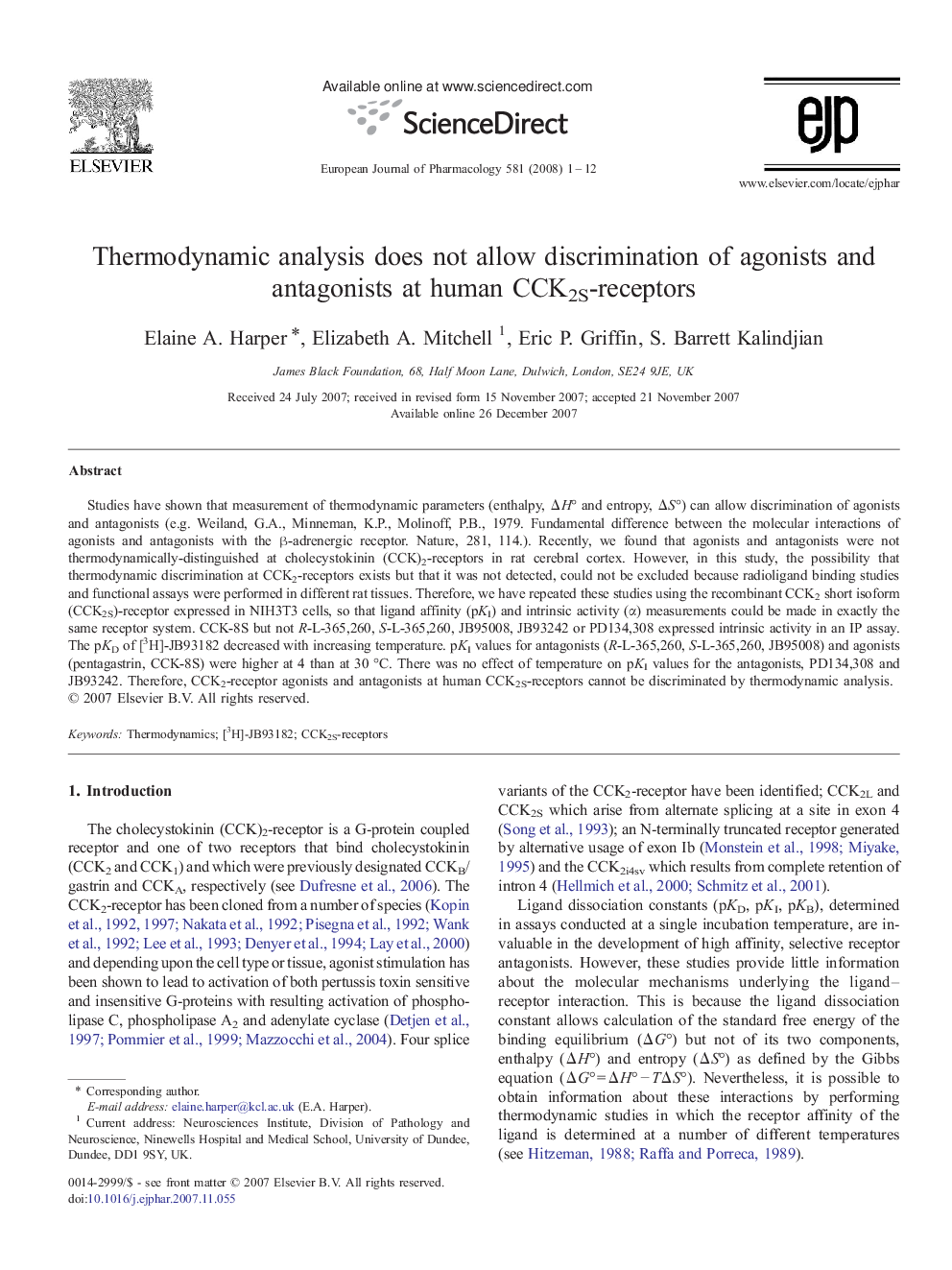 Thermodynamic analysis does not allow discrimination of agonists and antagonists at human CCK2S-receptors