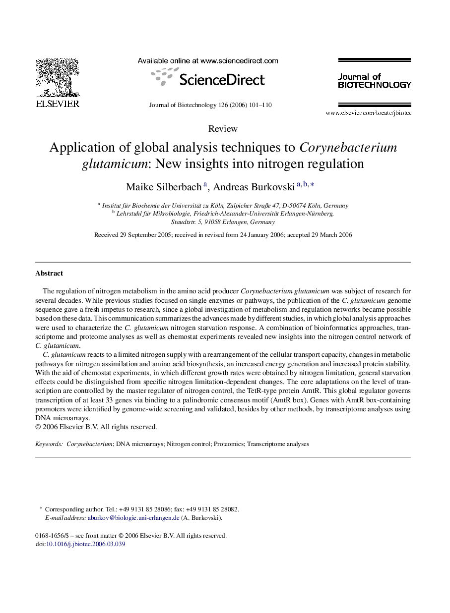 Application of global analysis techniques to Corynebacterium glutamicum: New insights into nitrogen regulation