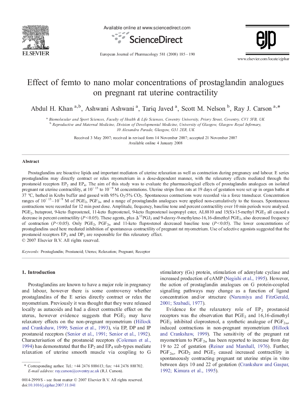 Effect of femto to nano molar concentrations of prostaglandin analogues on pregnant rat uterine contractility