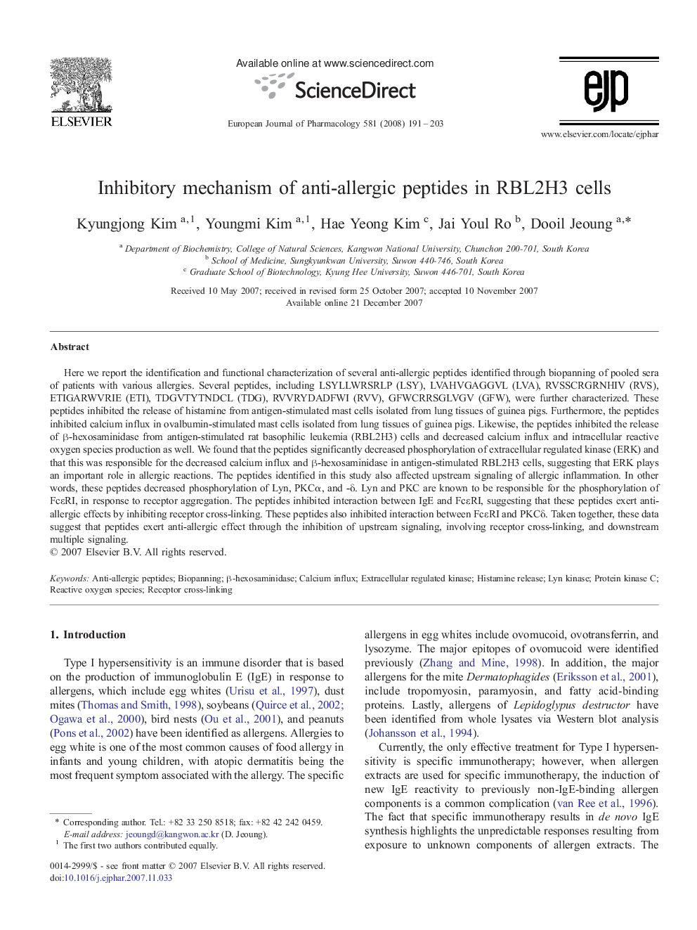 Inhibitory mechanism of anti-allergic peptides in RBL2H3 cells