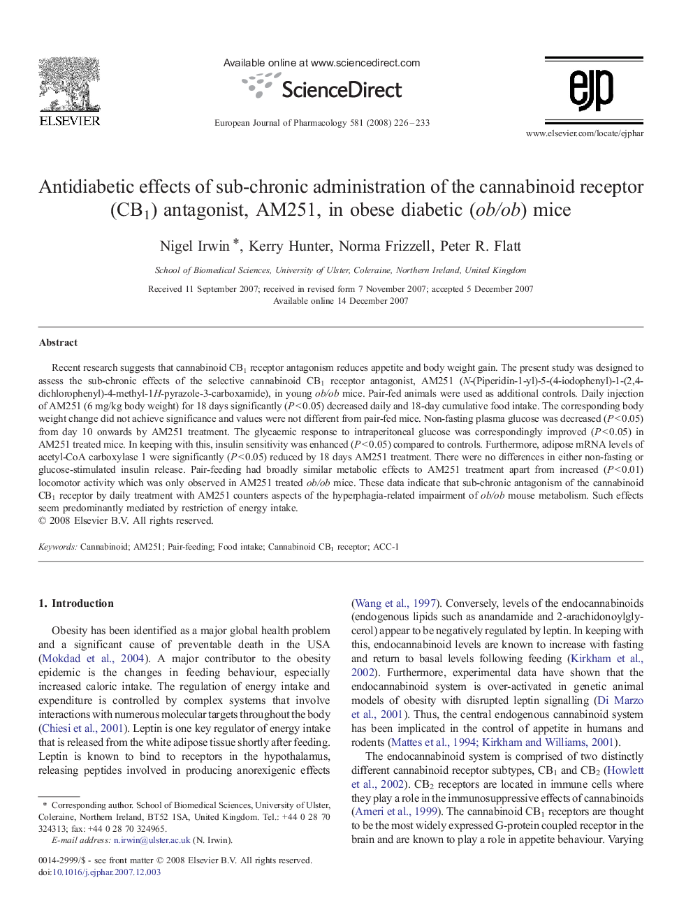 Antidiabetic effects of sub-chronic administration of the cannabinoid receptor (CB1) antagonist, AM251, in obese diabetic (ob/ob) mice