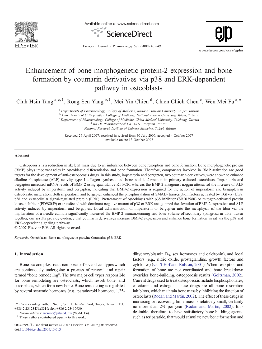 Enhancement of bone morphogenetic protein-2 expression and bone formation by coumarin derivatives via p38 and ERK-dependent pathway in osteoblasts