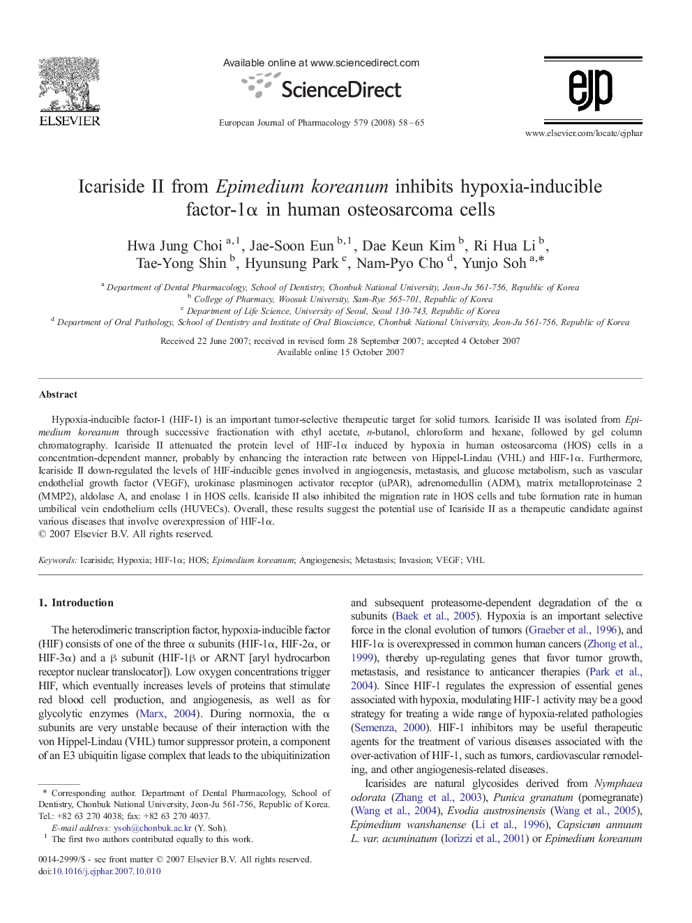 Icariside II from Epimedium koreanum inhibits hypoxia-inducible factor-1α in human osteosarcoma cells