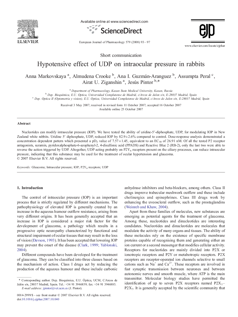 Hypotensive effect of UDP on intraocular pressure in rabbits