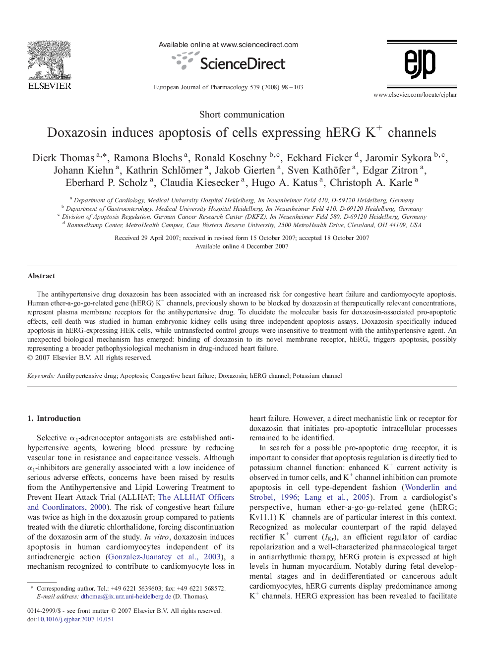 Doxazosin induces apoptosis of cells expressing hERG K+ channels