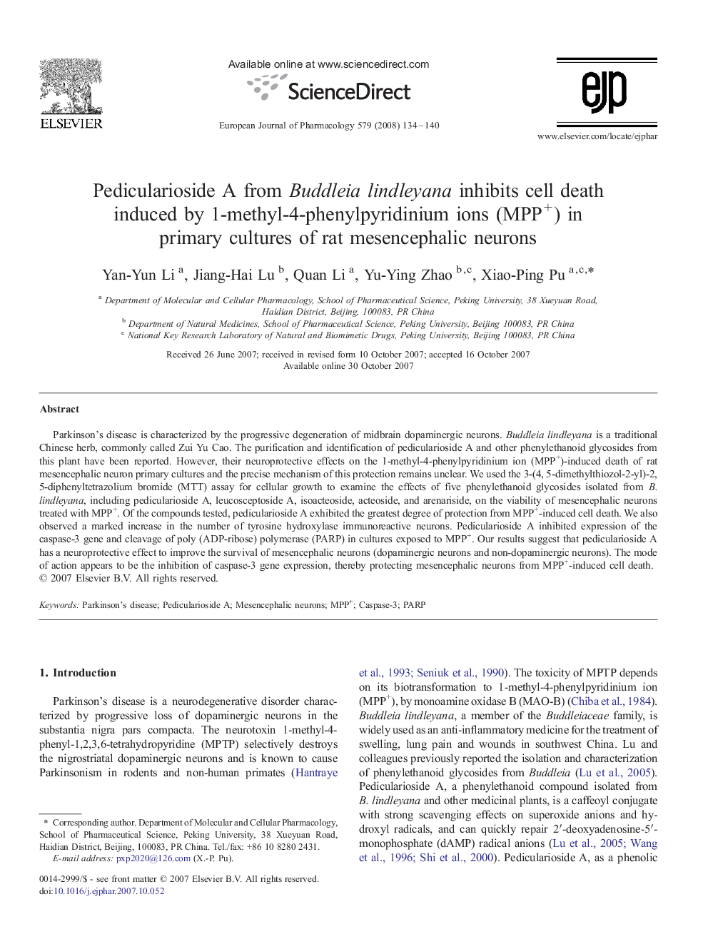 Pedicularioside A from Buddleia lindleyana inhibits cell death induced by 1-methyl-4-phenylpyridinium ions (MPP+) in primary cultures of rat mesencephalic neurons