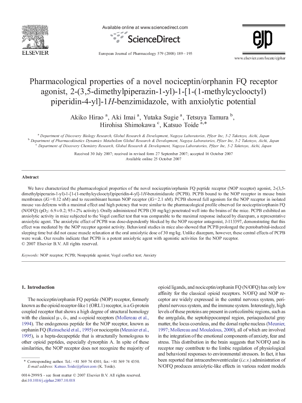 Pharmacological properties of a novel nociceptin/orphanin FQ receptor agonist, 2-(3,5-dimethylpiperazin-1-yl)-1-[1-(1-methylcyclooctyl)piperidin-4-yl]-1H-benzimidazole, with anxiolytic potential