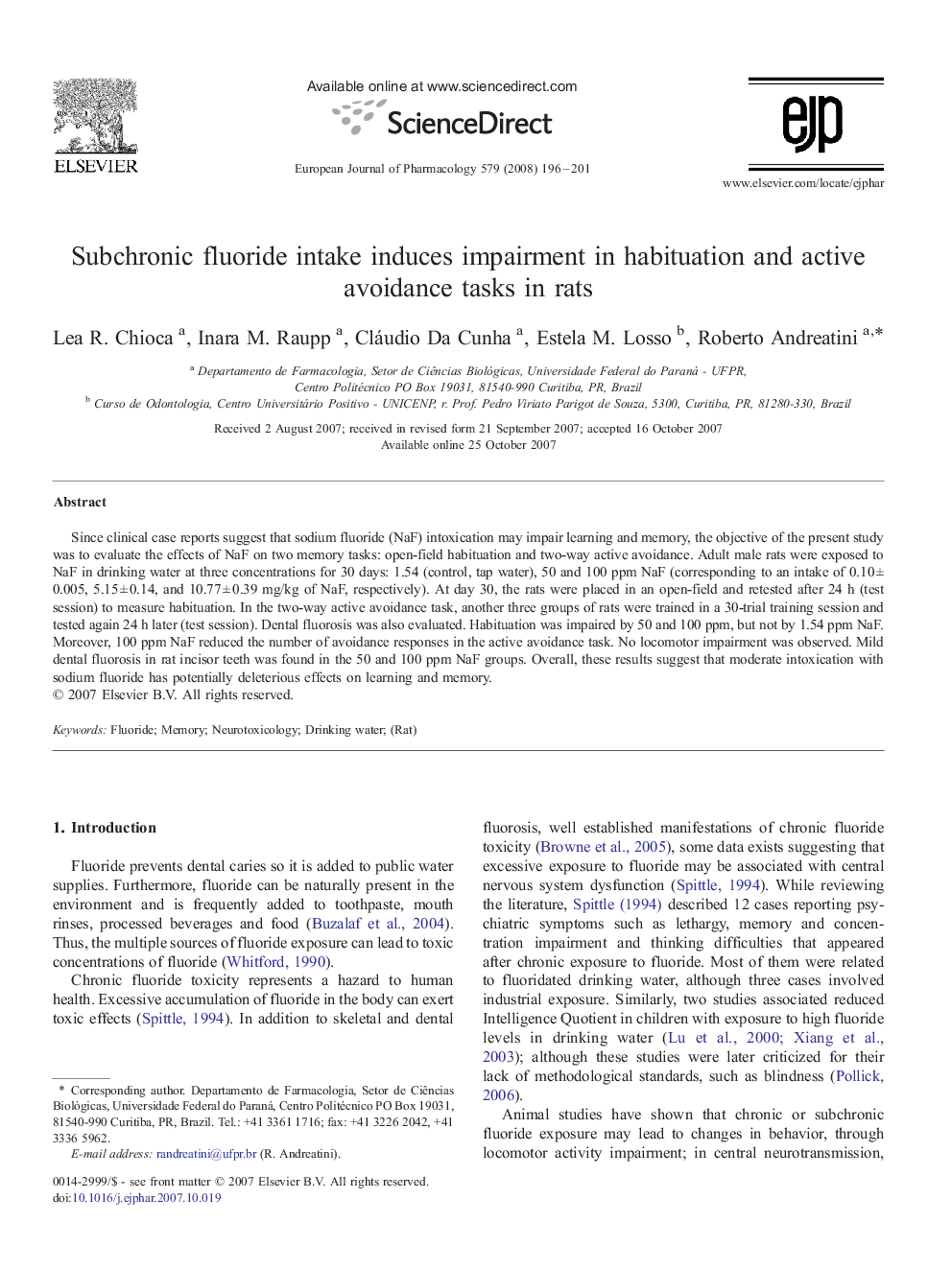 Subchronic fluoride intake induces impairment in habituation and active avoidance tasks in rats