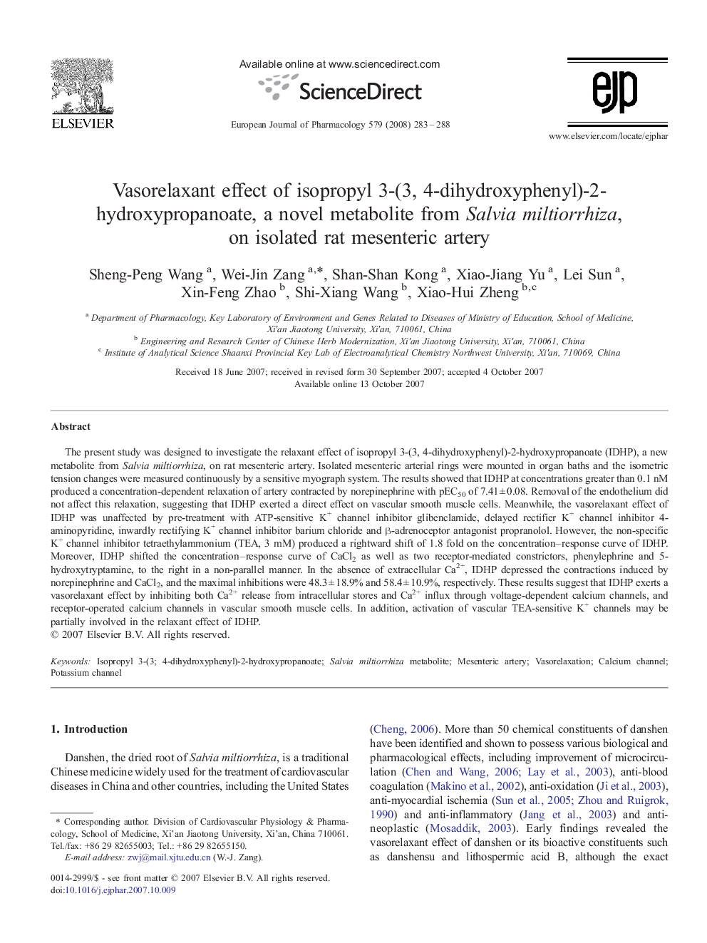 Vasorelaxant effect of isopropyl 3-(3, 4-dihydroxyphenyl)-2-hydroxypropanoate, a novel metabolite from Salvia miltiorrhiza, on isolated rat mesenteric artery