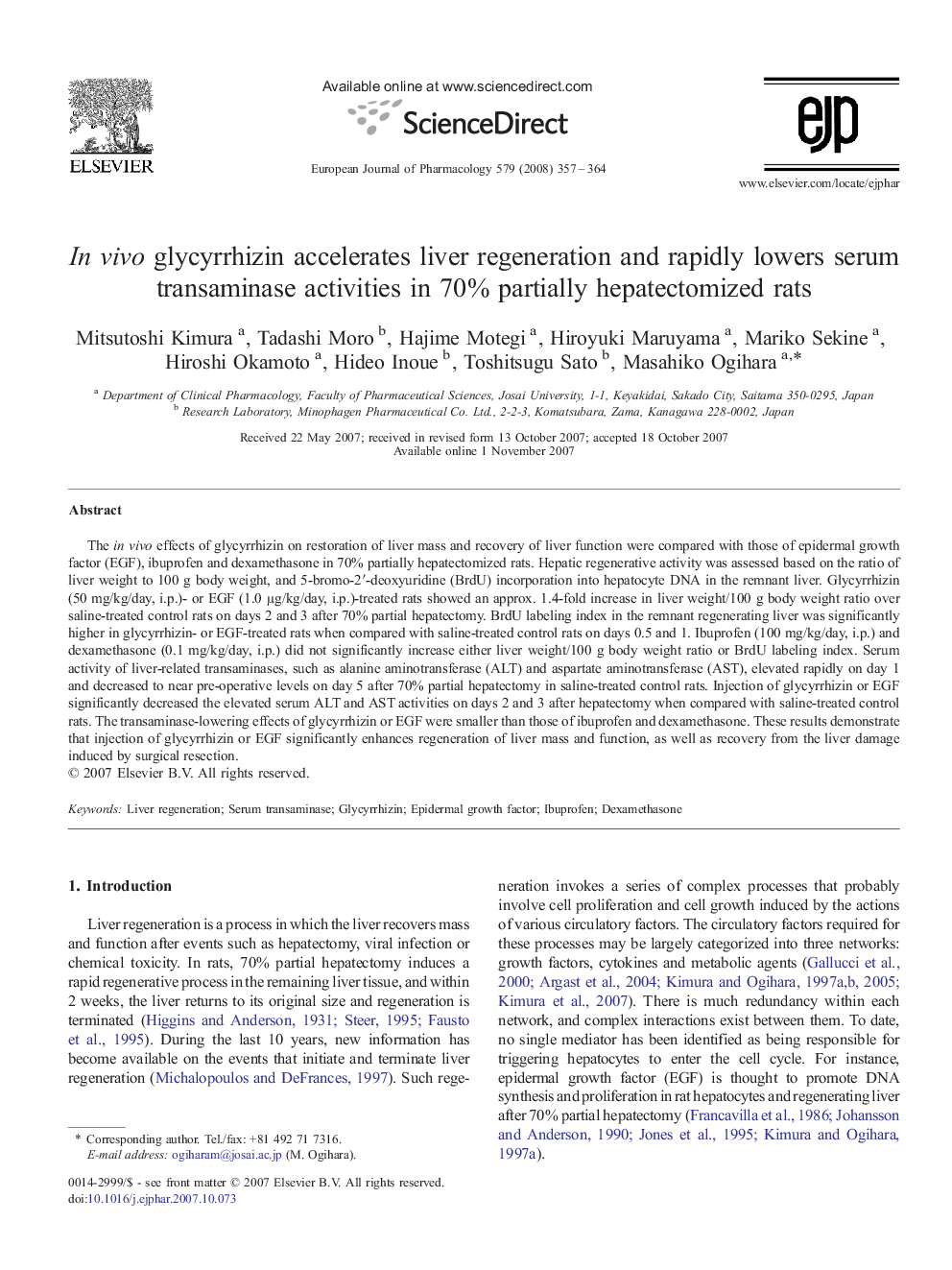 In vivo glycyrrhizin accelerates liver regeneration and rapidly lowers serum transaminase activities in 70% partially hepatectomized rats