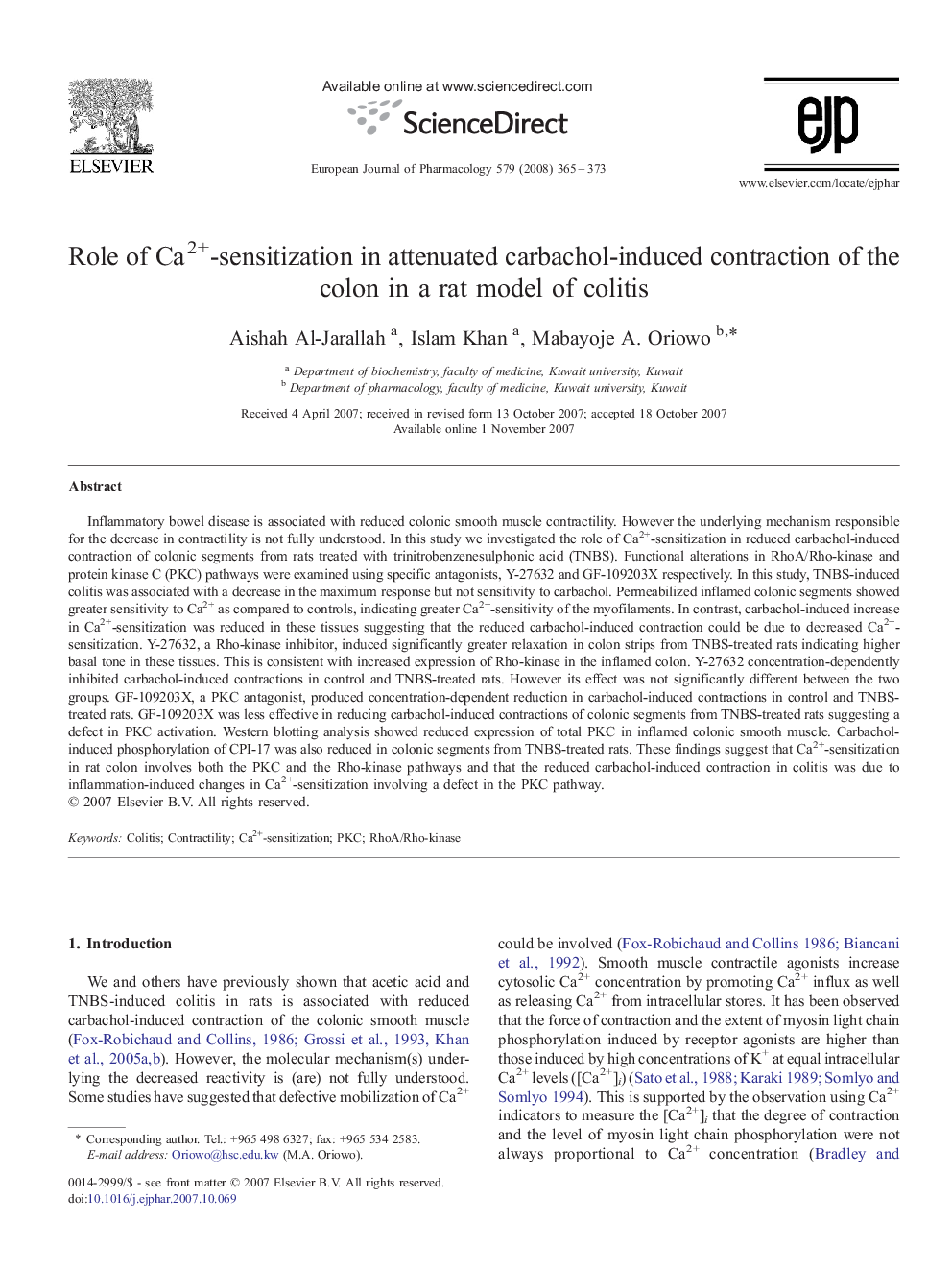 Role of Ca2+-sensitization in attenuated carbachol-induced contraction of the colon in a rat model of colitis