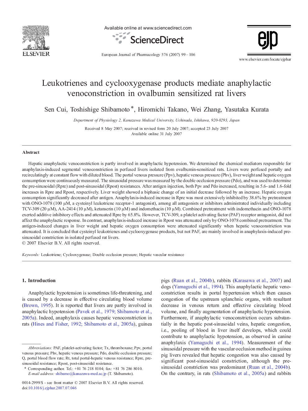 Leukotrienes and cyclooxygenase products mediate anaphylactic venoconstriction in ovalbumin sensitized rat livers