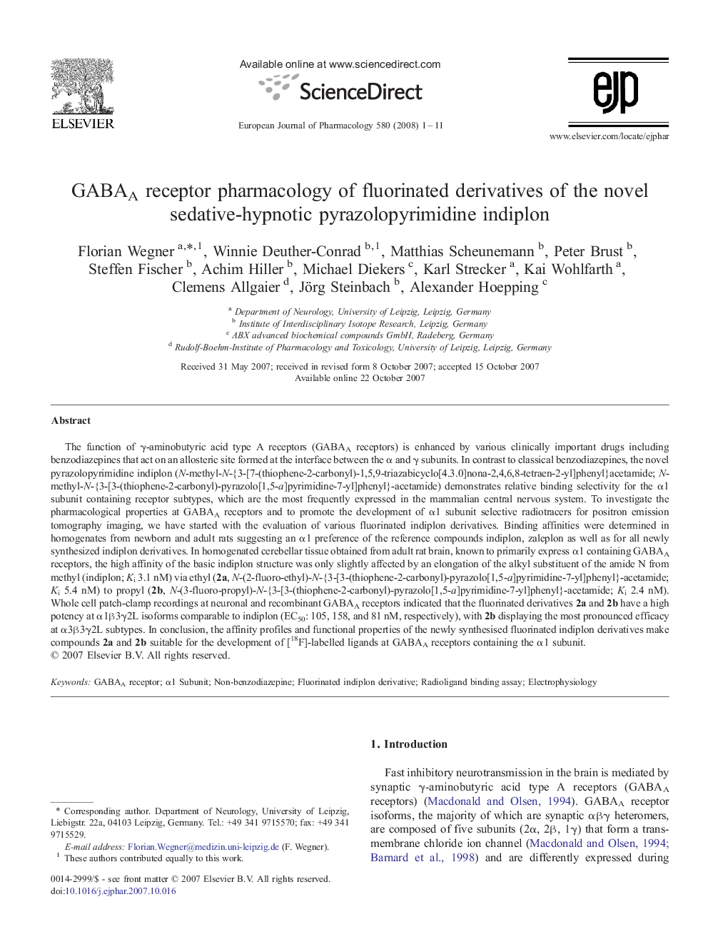 GABAA receptor pharmacology of fluorinated derivatives of the novel sedative-hypnotic pyrazolopyrimidine indiplon