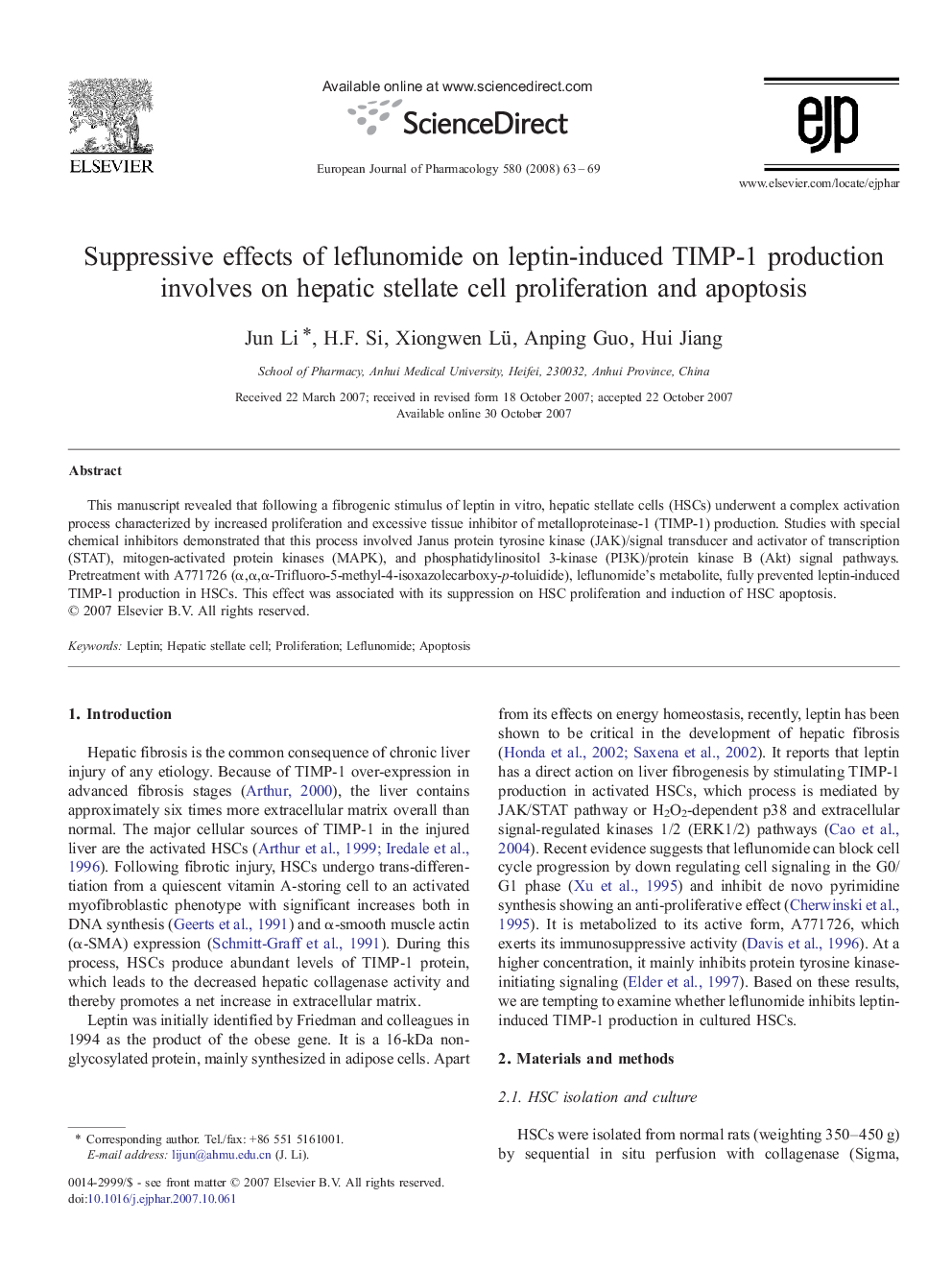Suppressive effects of leflunomide on leptin-induced TIMP-1 production involves on hepatic stellate cell proliferation and apoptosis